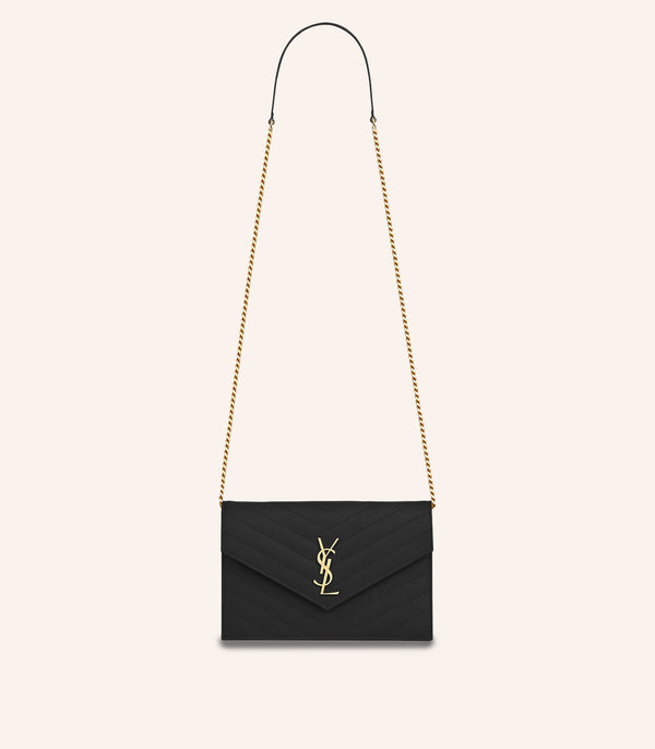 Tas YSL Saint Laurent Envelope Chain Wallet In Grain De Poudre Embossed Leather