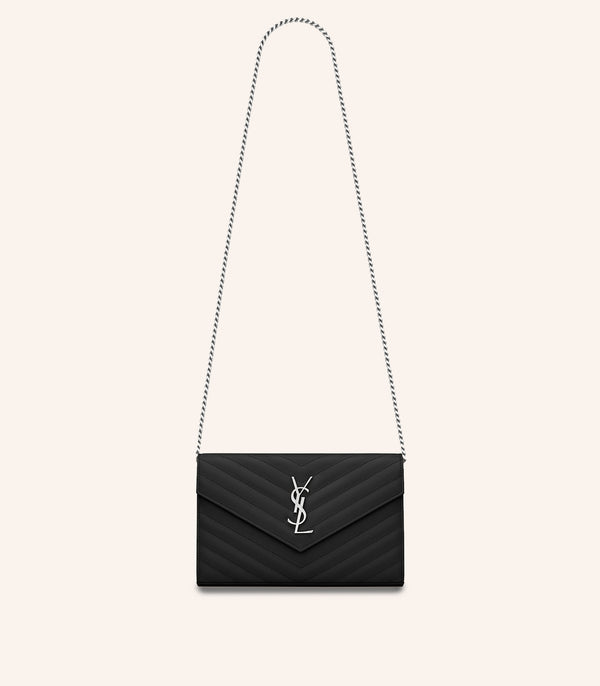 Tas YSL Saint Laurent Envelope Chain Wallet In Grain De Poudre Embossed Leather