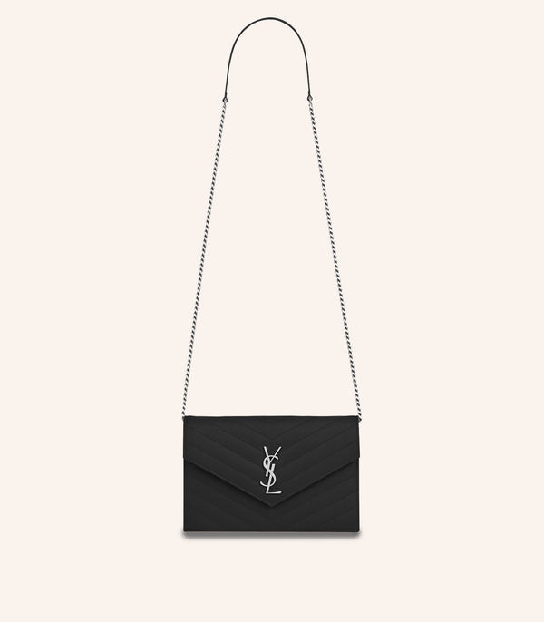 Tas YSL Saint Laurent Envelope Chain Wallet In Grain De Poudre Embossed Leather